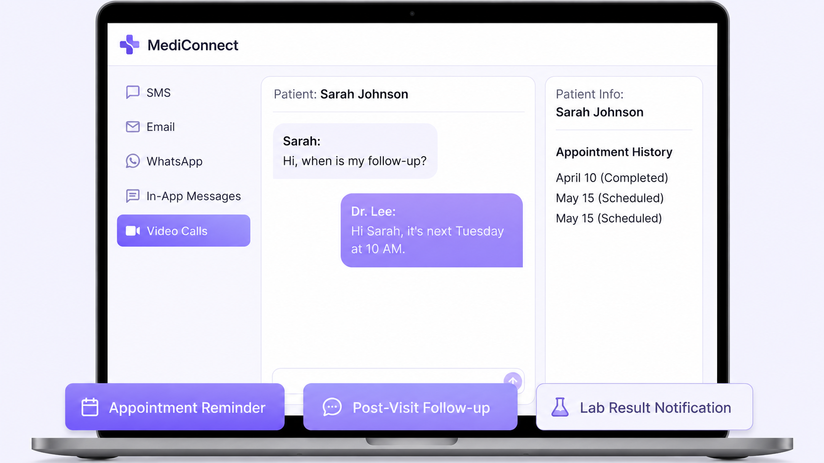 Unified inbox across SMS, email, WhatsApp, and video