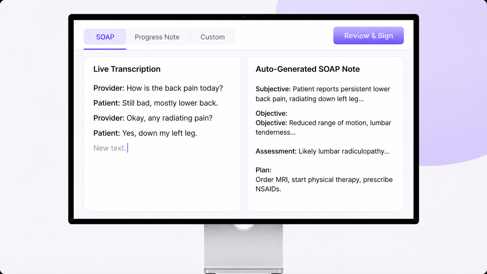 Live transcription and auto-generated SOAP note